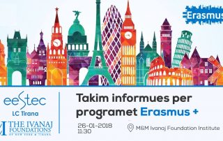 Ky vit i ri sjell edhe bashkëpunime të reja. Në muajt që vijojnë do mirëpresim aktivitete rinore e informative në ambientet tona. Këtë muaj do të mbështesim EESTEC dhe Sesionin Informativ mbi Programet e Erasmus +. EESTEC (Shoqata Evropiane e Studentëve të Inxhinierisë Elektrike) është një organizatë jo-fitimprurëse, jo-qeveritare që ka qëllim ndihmën dhe trajnimin e inxhinierëve të profilit elektrik në universitete dhe shkolla teknike të Evropës. Ky sesion informativ nga EESTEC Tirana do të fokusohet në dhënien e informacionit mbi mundësitë e ofruara nga Programi Erasmus+. Çështjet kryesore të prezantimit do të jenë: • Të njohim Erasmus+, një vështrim mbi programin. • Mundësitë e ofruara nga programi dhe detaje mbi EVS, trajnimet, shkëmbimet, studimet etj. • Ku dhe si të aplikosh: eksperiencat më të mira nga studentët e Erasmus+. • Eksperiencat personale brenda Programit Erasmus+. Aktiviteti do të zhvillohet në Librarinë e Fondacionit Ivanaj, më 26 Janar 2018, në orën 11:30. Për të parë Eventin në FB klikoni këtu. Përmes zhvillimit të mëtejshëm të bashkëpunimit me organizata të tjera, M&M Ivanaj Foundation, në javët e ardhshme do t’ju prezantojë me kalendarin e aktiviteteve. Na ndiqni!